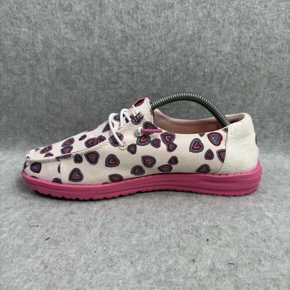 Hey Dude Shoes Youth 4 Wendy White Pink Slip On Heart Print Comfort Shoes New - Picture 7 of 10